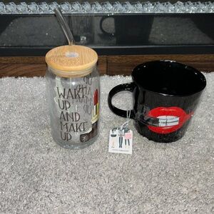 Wake up and Makeup glass w lid and glass straw with Lipstick-mug  set!